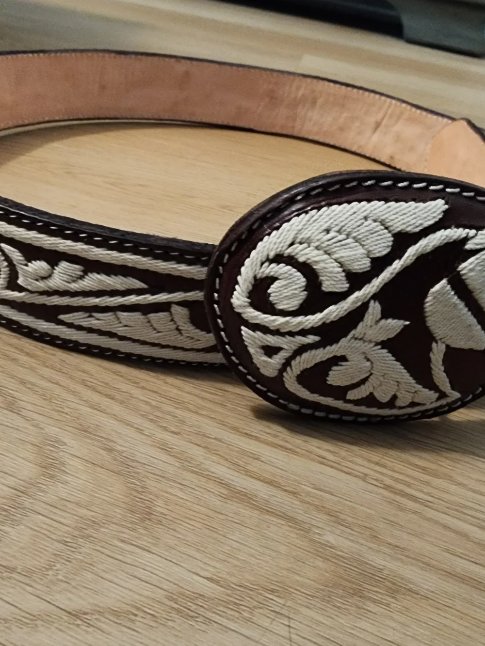 Men's Brown Leather Belt with White Embroidered Design
